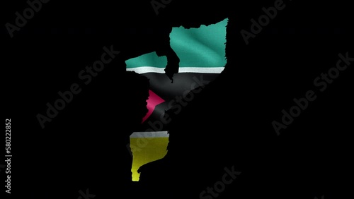 4K waving national flag of Mozambique on the map. Loop alpha channel seamless Mozambican flag on territory. Outline geographic country border of Mozambique stock video.