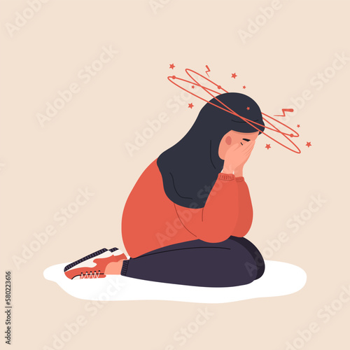 Iron deficiency anemia. Sad arabic woman with headache sitting on floor. Unhappy girl suffers from vertigo and needs medical help. Health protection concept. Vector illustration in cartoon style.