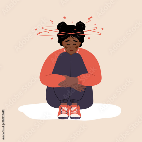 Anemia concept. Sad african woman with dizziness sitting on floor. Unhappy girl suffers from vertigo and headache and needs medical help. Disease symptom. Vector illustration in flat cartoon style.