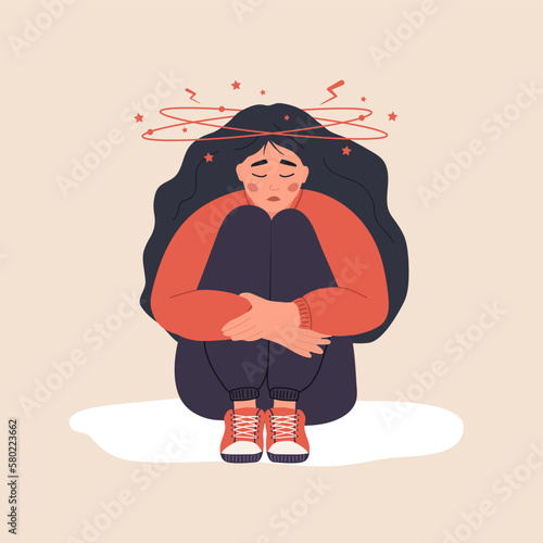 Anemia concept. Sad woman with dizziness sitting on floor. Unhappy girl suffers from vertigo and headache and needs medical help. Disease symptom. Vector illustration in flat cartoon style.