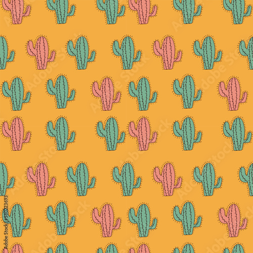 Pink and mint green Cactuses seamless pattern on yellow background.