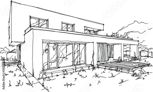 hand drawn architectural sketches of modern two story detached house with flat roof and garden