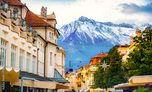 buildings and mountains in winter in Merano in Alto Adige - dolomites city in north italy photo