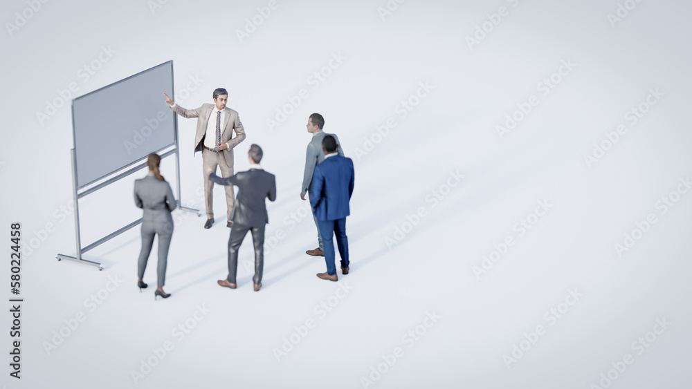 Miniature group of business people standing in front of a white board. 3d illustration Miniature group of business people standing in front of a white board. 3d illustration