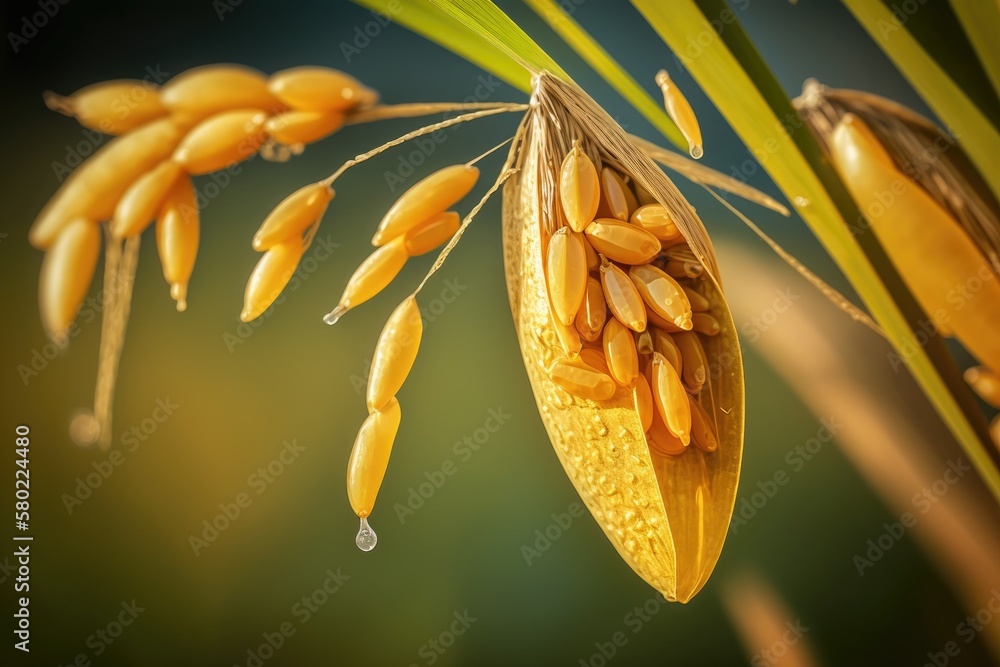 Rough rice. View of rice seeds up close in a paddy ear. Rice ear with