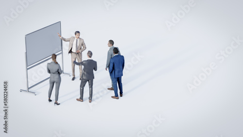 Miniature group of business people standing in front of a white board. 3d illustration