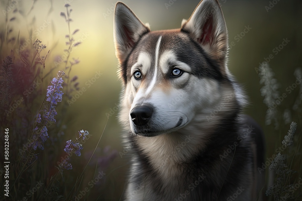 Outdoor portrait of a lovely Husky Labrador mix. Generative AI