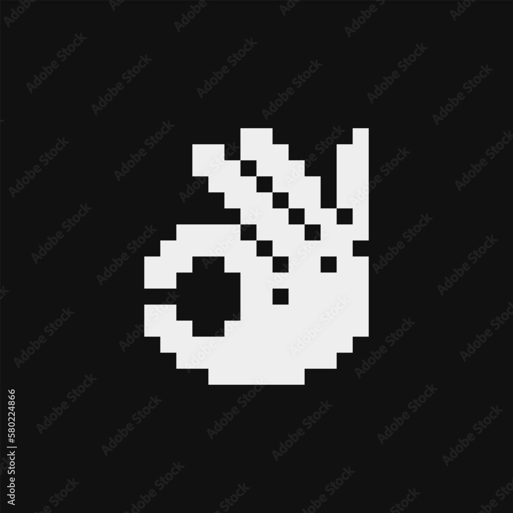 Ok hand. Pixel art icon. Flat style. 1-bit. Sticker design. Isolated abstract vector illustration.