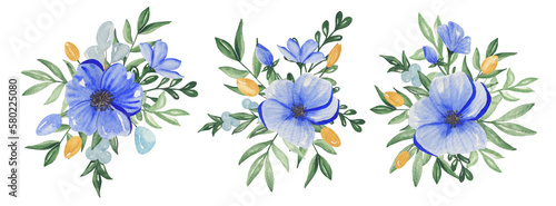 watercolor illustration blue flowers and green leaves