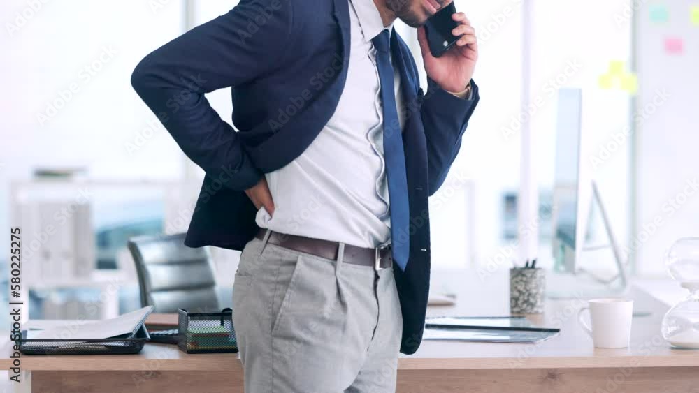 Back pain, cramps and man at the office. Male having serious