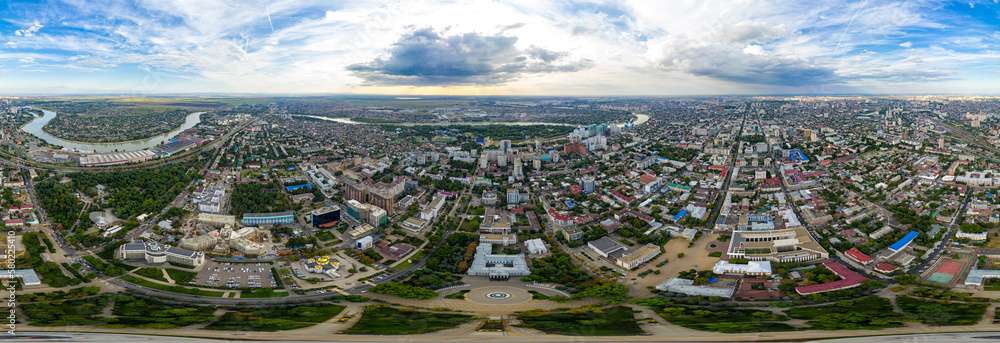 Krasnodar, Russia - August 27, 2020: Summer aerial panorama of the city. Panorama 360