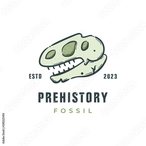 Fossil skull dinosaur pre history logo icon, hand drawn vintage vector illustration.