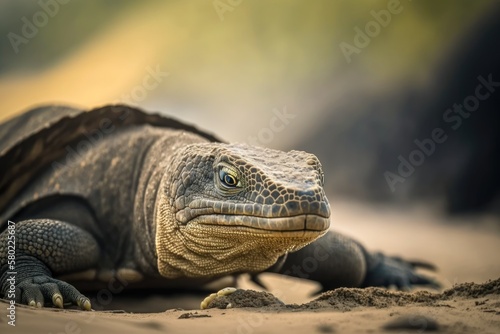 Komodo dragon or Komodo monitor lizard. A young monitor lizard on the island of Bali crawling on the sand. Close ups of Indonesia's reptiles and wild animals. Generative AI
