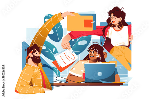 Three colleagues discuss and exchange documents