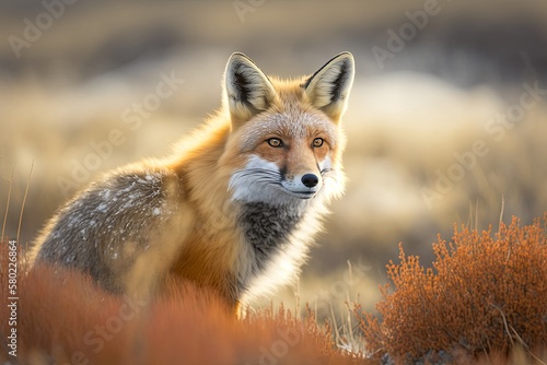 Red fox crouched (Vulpes vulpes). The fox moves slowly and looks right at you. A picture of a fox in the tundra, where it lives in the wild. Wildlife and animals in the Arctic. Chukotka, Siberia, Russ © AkuAku