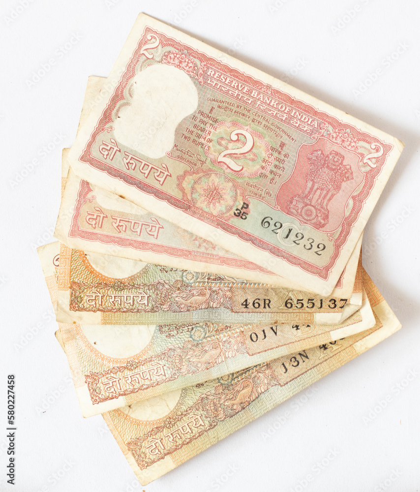 2 Rupees with different colours Notes antique, retro, classic, old ...