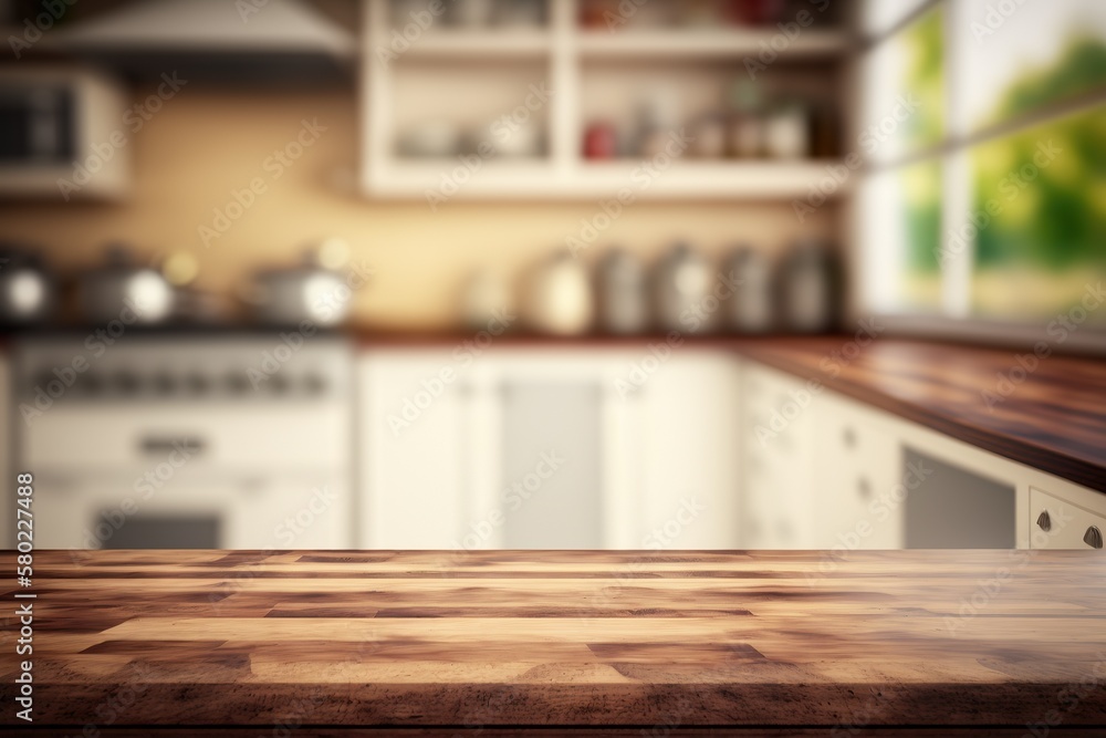 Generative AI. A modern dark wooden kitchen countertop with decor and a copy space to mount your product display on top of a blurry modern kitchen space in the background.