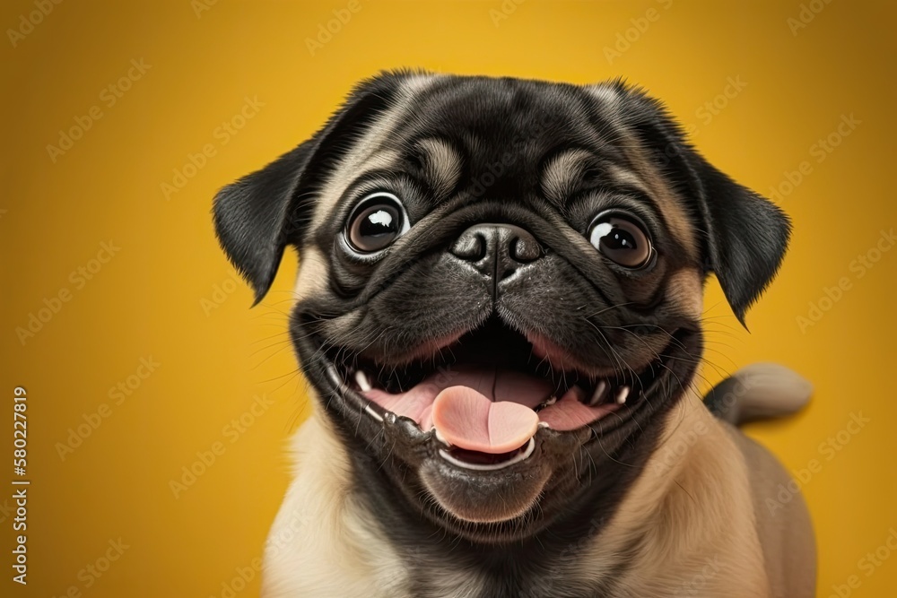 Cute funny little pug puppy on a bright yellow background with room to write. Banner of a cute dog with its tongue hanging out and making a happy face while smiling. The idea of a purebred dog