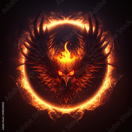 Flaming phoenix bird inside a circle of fire