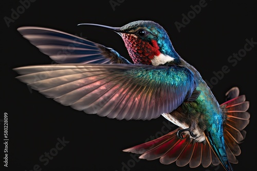 To zoom in on a hummingbird. Blue background with a male Ruby throated Hummingbird flying. Taken with a high speed, high resolution camera. Generative AI
