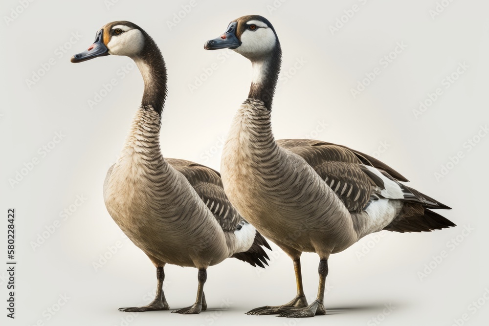 Domestic geese (Anser) realistic artwork from a book on poultry, isolated on a white background. Generative AI