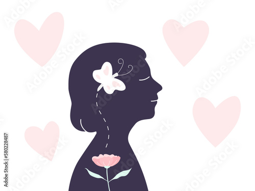 Silhouette of smiling faces child with flower and butterfly inside and heart background, mental health awareness concept. Flat vector illustration.