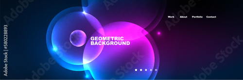 Shiny neon circles and bubbles, dark abstract background with blurred magic neon light, wallpaper design