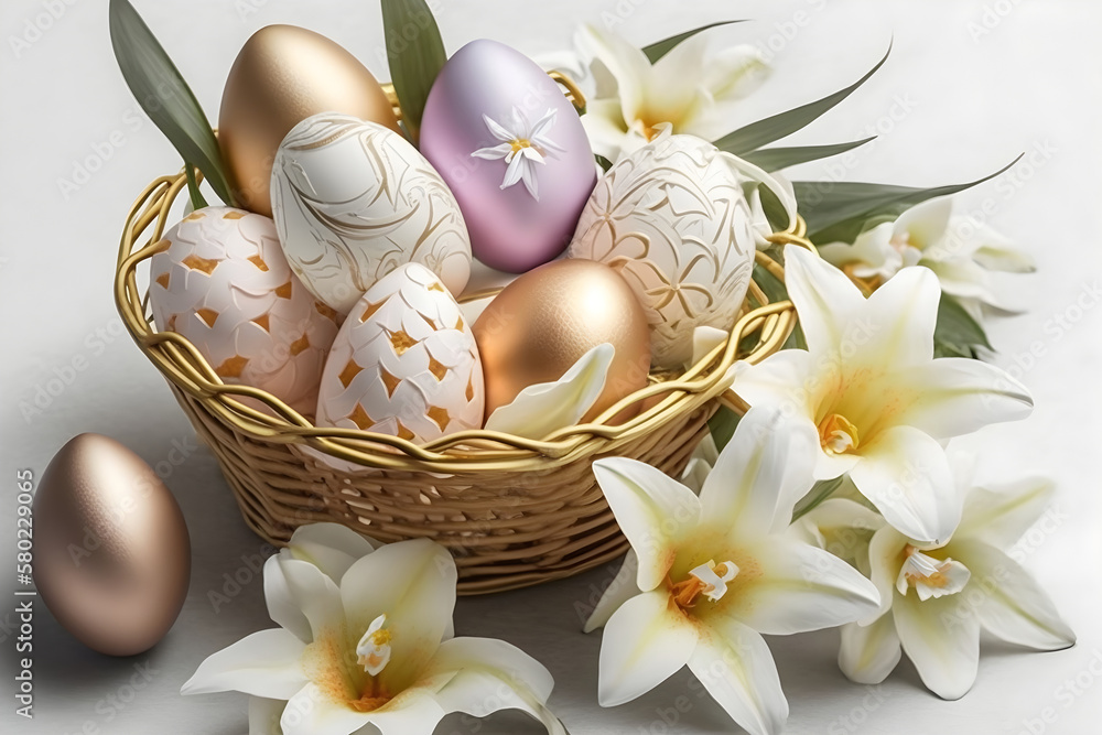 Colorful Easter eggs lie in wicker basket. Next to them on the table beautiful fresh lilies. Happy Easter. Generative AI Colorful Easter eggs lie in wicker basket. Next to them on the table beautiful fresh lilies. Happy Easter. Generative AI