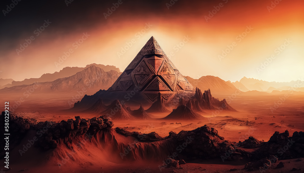 AI Generative Illustration of a Creative Photo of The Mystical Pyramid on Mars, Pyramid Standing Tall on the Rugged, Rocky Landscape