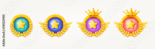 Different game rank emblems with stars and wreaths. Game achievement badges collection. 3d vector clipart isolated on white background