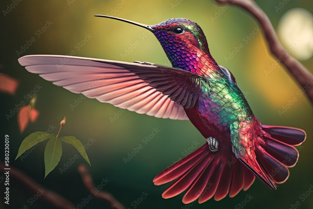 Fototapeta premium Smooth background and a flying Ruby Topaz hummingbird (Chrysolampis mosquitus). Flapping tail hummingbird. animals found in the wild. An actual wild bird. Parrot of the tropics, in the backyard