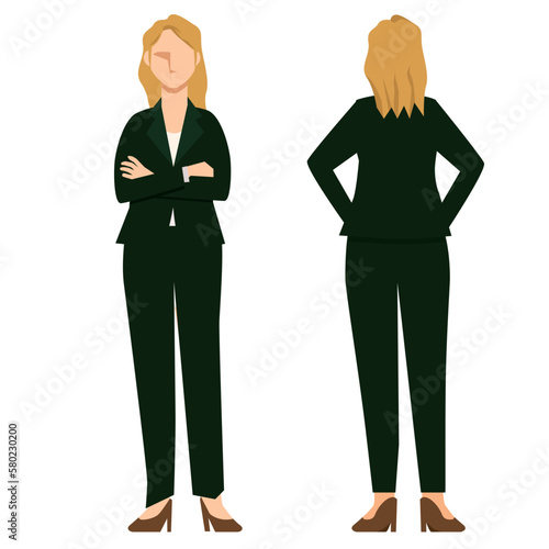 白人系女性のビジネスマンの立ち姿　前後のイラストセット　白バック