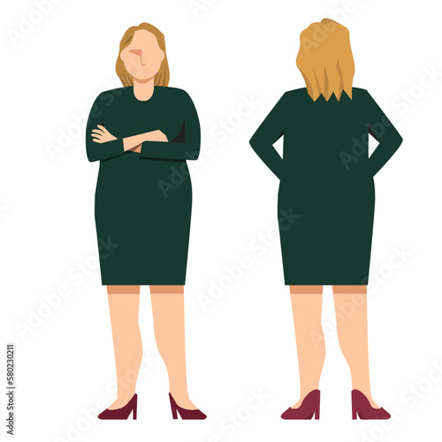 太った白人系女性のビジネスマンの立ち姿　前後のイラストセット　白バック