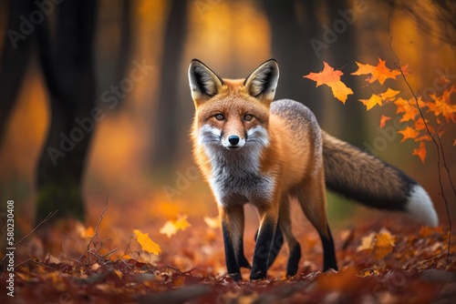 Red Fox, Vulpes vulpes, looking cute in the fall forest. Beautiful animal living in the wild. Scene of wildlife in the wild in Russia, Europe. Cute animal in its own home. Red fox running on orange au © AkuAku