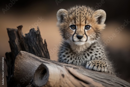 Portrait of a baby cheetah with big eyes sitting on a dead log in South Africa's Kruger Park. Generative AI