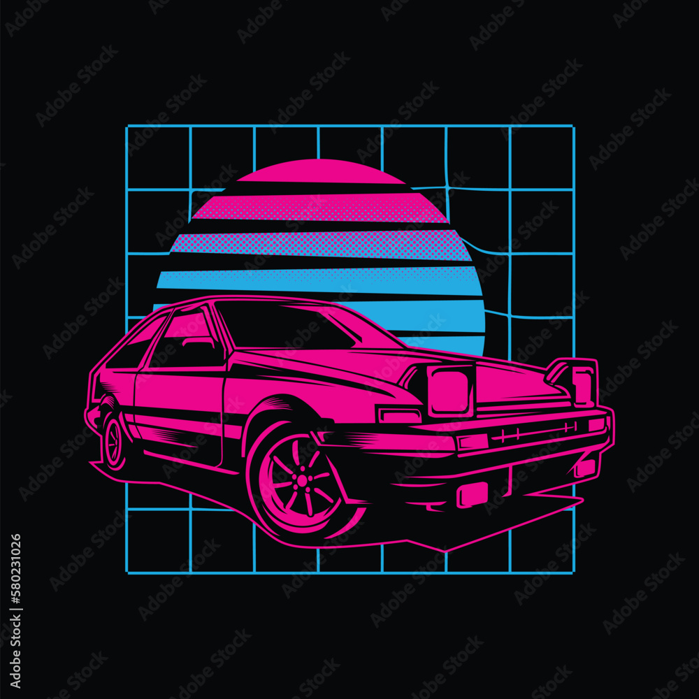 Retro 80s sci-fi futuristic style background with supercar. Vector ...