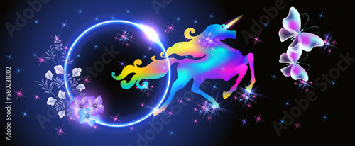 Unicorn and neon portal with magical, delightful butterflies and flowers against the backdrop of fabulous tarry sky.