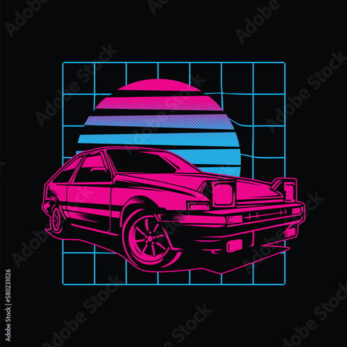 Retro 80s sci-fi futuristic style background with supercar. Vector retro futuristic synth wave illustration in 1980s posters style. Retro Nostalgic vaporwave cyberpunk artwork with vibrant neon colors
