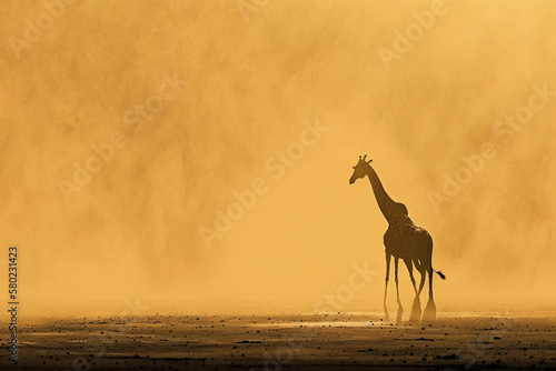 Giraffe in Dust Storm at Sunrise Long Shadow - AI Generatif