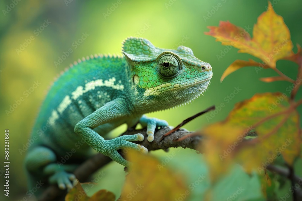 A young green chameleon in its natural environment. Generative AI A young green chameleon in its natural environment. Generative AI