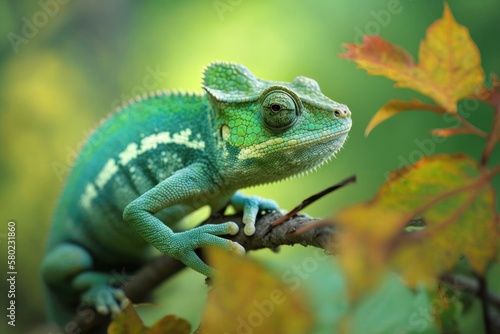 A young green chameleon in its natural environment. Generative AI