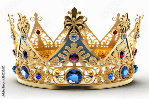 Royal gold crown on a white background with sapphires, generative AI