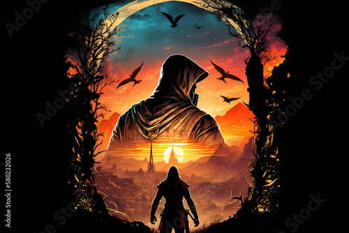 An illustration of assassin character from behind standing look at the city or dessert. Good for t-shirt, mug, poster, bed cover, pillow cover, and other.