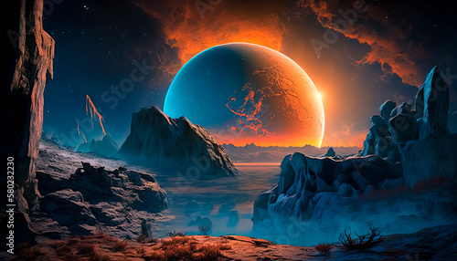 AI Generative Illustration of a Creative Photo of A Spectacular View of Kepler-62b from Kepler-62c: A Tale of Two Planets