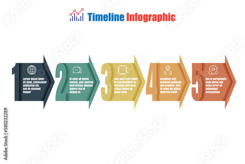 Data analytics and collection abstract process arrow infographic timeline roadmap chart. Business development strategy infochart with thin line icons. Instructional graphics with 5 steps designed