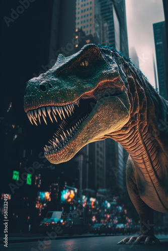 t-rex is standing in the middle of city. Generative AI. © valentyn640