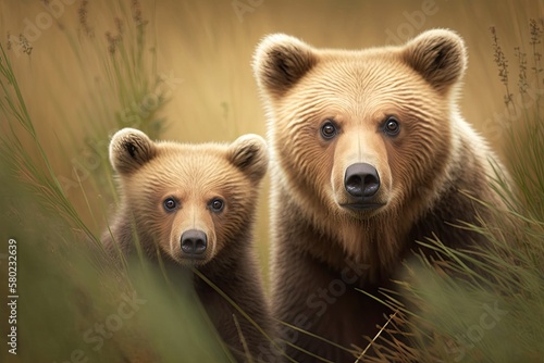 In the middle of a grassy meadow, a cute brown bear cub and an adult female brown bear with a fluffy coat were seen together. A family of bears who are paying close attention to their surroundings and