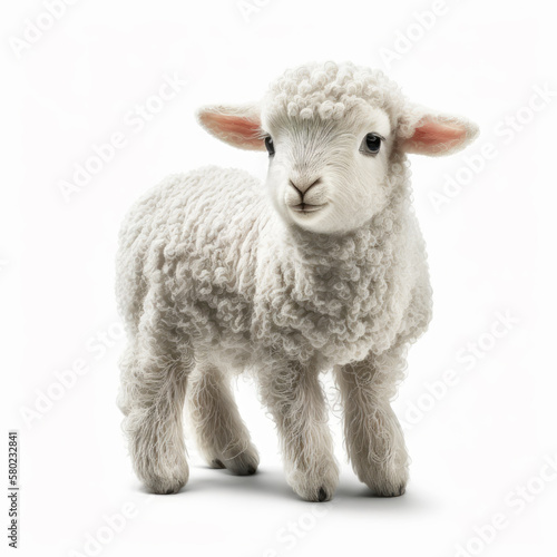 Stuffed lamb standing in front of white background. Generative AI.
