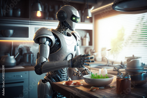 An image of robot cooking in the kitchen. Generative AI.