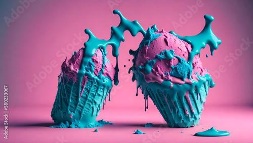 Melting ice cream splashing on a pink background. The green and blue ice cream creates a contrast against the pastel hues. Isolated and vibrant  Representation of summertime treats - Generative AI